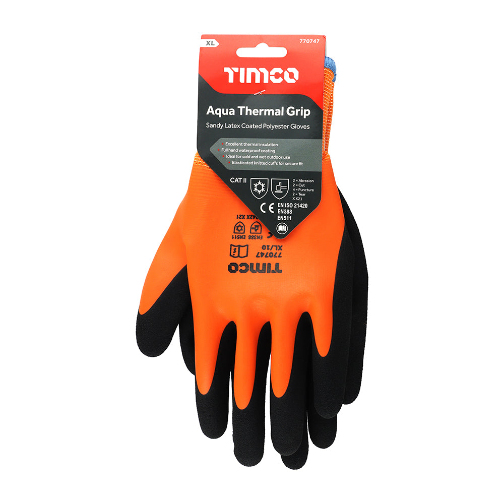 This is an image of Timco - Aqua Thermal Grip Glove - Sandy Latex Coated Polyester X Large (1 Pairs Backing Card) 770747