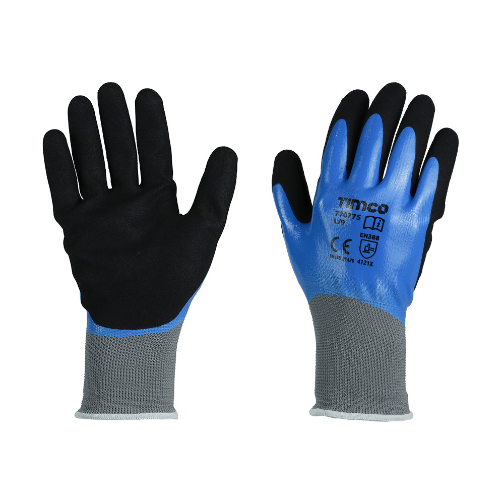 This is an image of Timco - Waterproof Grip Gloves - Sandy Nitrile Foam Coated Polyester Large (1 Pairs Backing Card) 770775