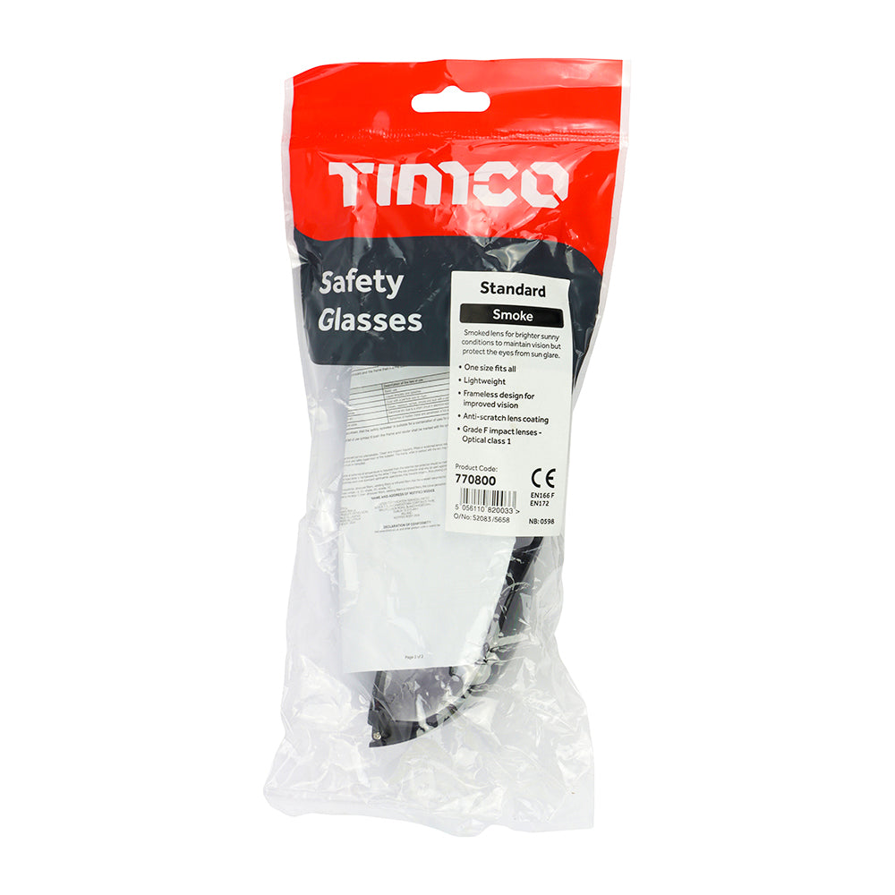 This is an image of Timco - Standard Safety Glasses - Smoke One Size (1 Each Bag) 770800
