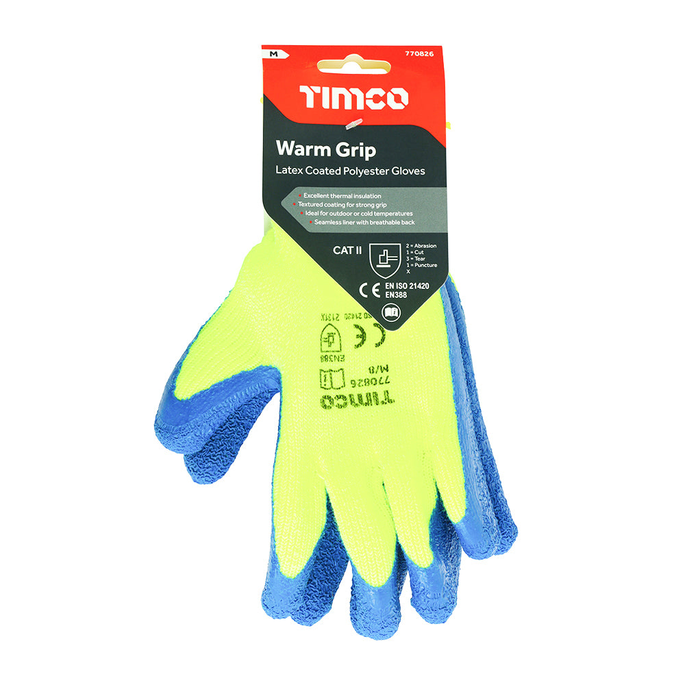 This is an image of Timco - Warm Grip Gloves - Crinkle Latex Coated Polyester Medium (1 Pairs Backing Card) 770826