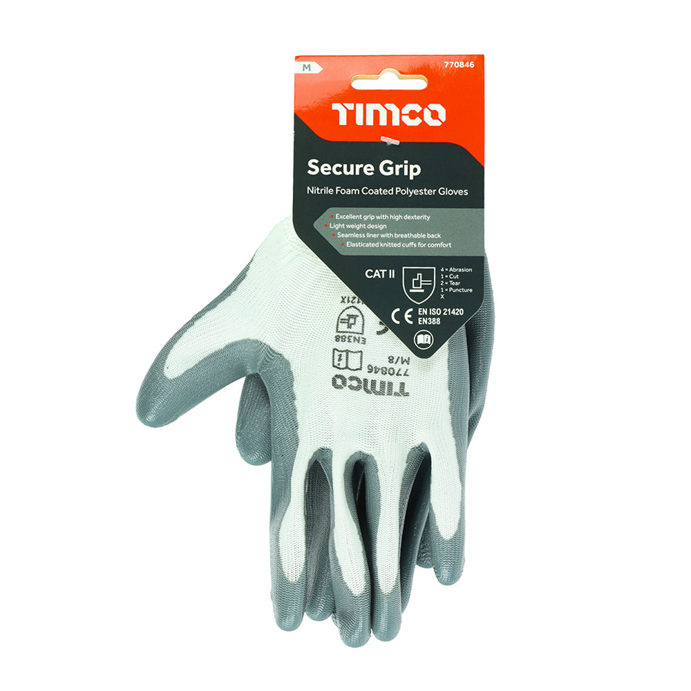 This is an image of Timco - Secure Grip Gloves - Smooth Nitrile Foam Coated Polyester Medium (1 Pairs Backing Card) 770846