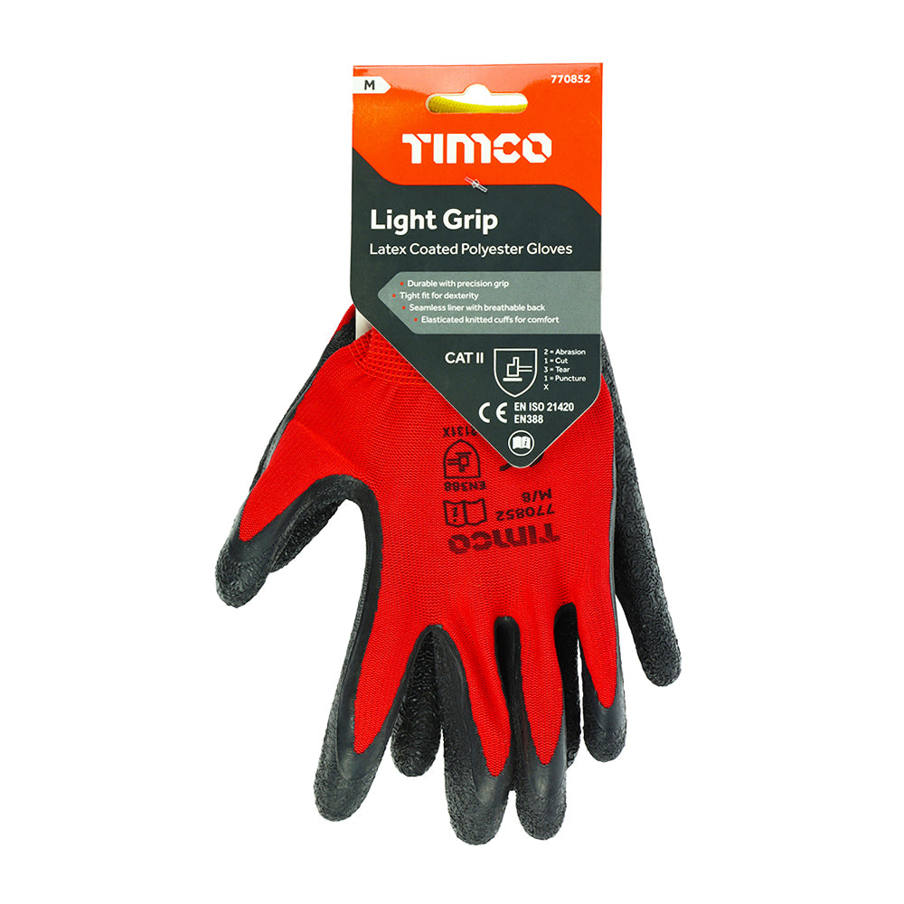 This is an image of Timco - Light Grip Gloves - Crinkle Latex Coated Polyester Medium (1 Pairs Backing Card) 770852