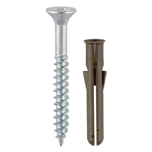 This is an image of Timco - Brown Premium Plastic Plugs with Screws 42mm - (400 PCS Tub) 778254