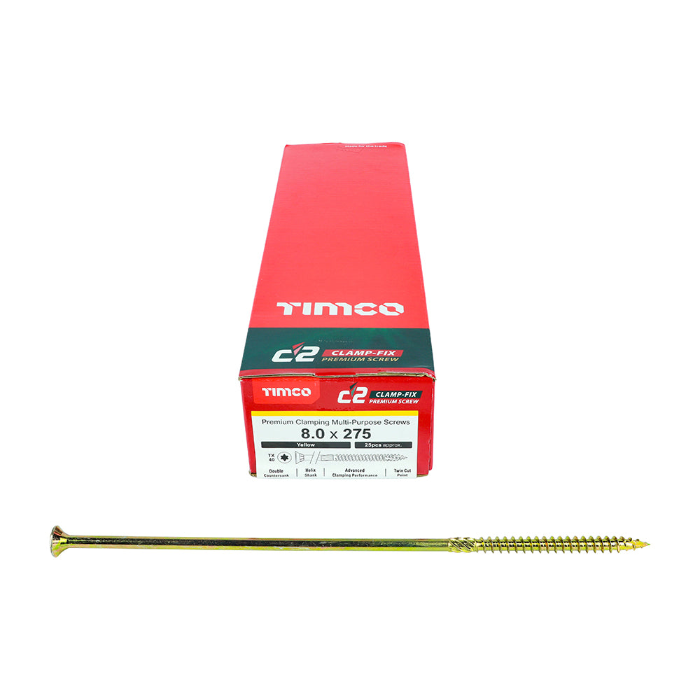 This is an image of Timco - C2 Clamp-Fix Screws - TX - Double Countersunk with Ribs - Twin-Cut - Yellow 8.0 x 275mm - (25 PCS Box) 80275C2C