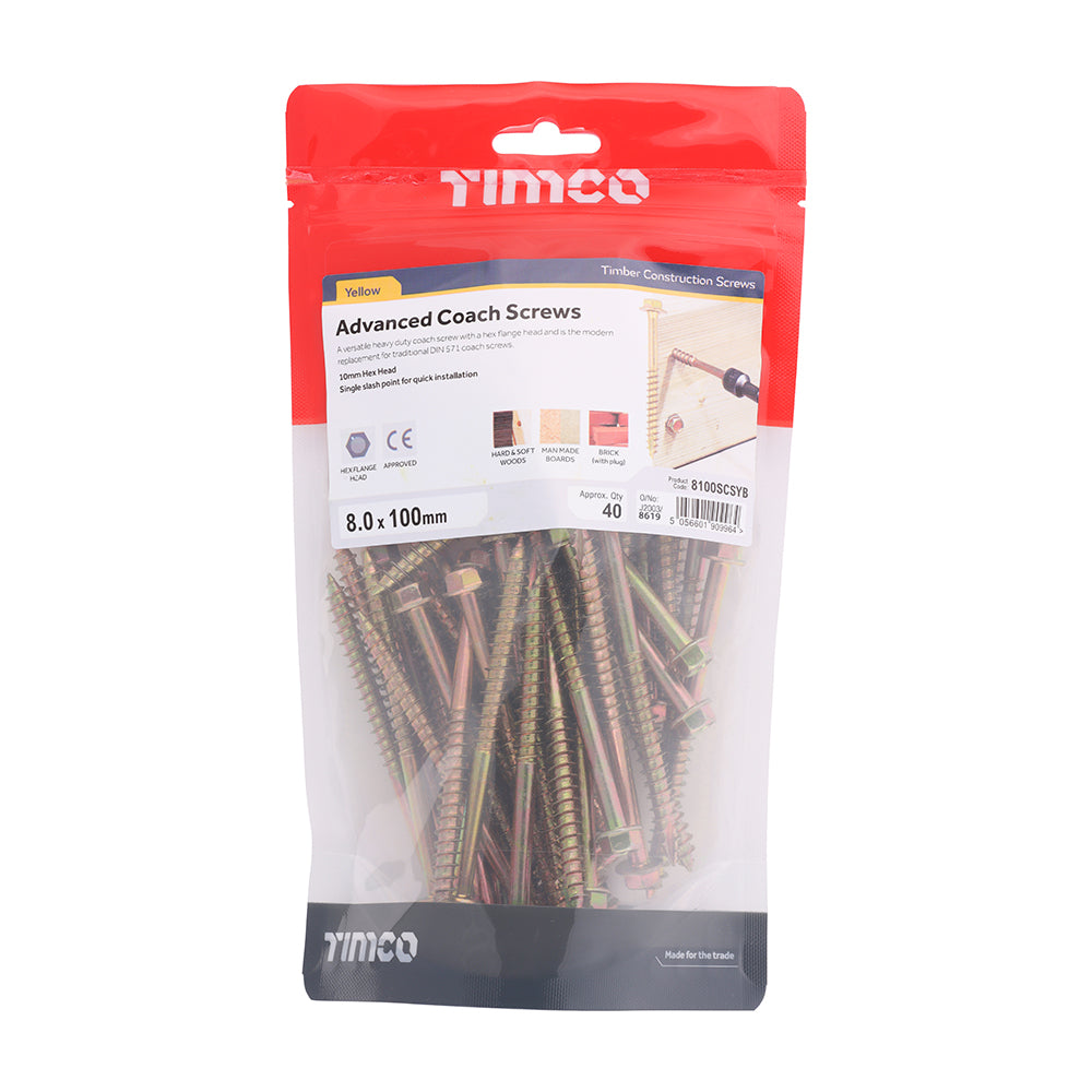 This is an image of Timco - Advanced Coach Screws - Hex Flange - Yellow 8.0 x 100mm - (40 PCS TIMbag) 8100SCSYB