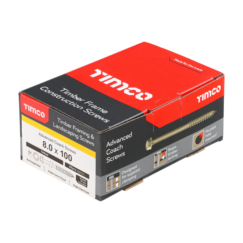 This is an image of Timco - Advanced Coach Screws - Hex Flange - Yellow 8.0 x 100mm - (50 PCS Box) 8100SCSY