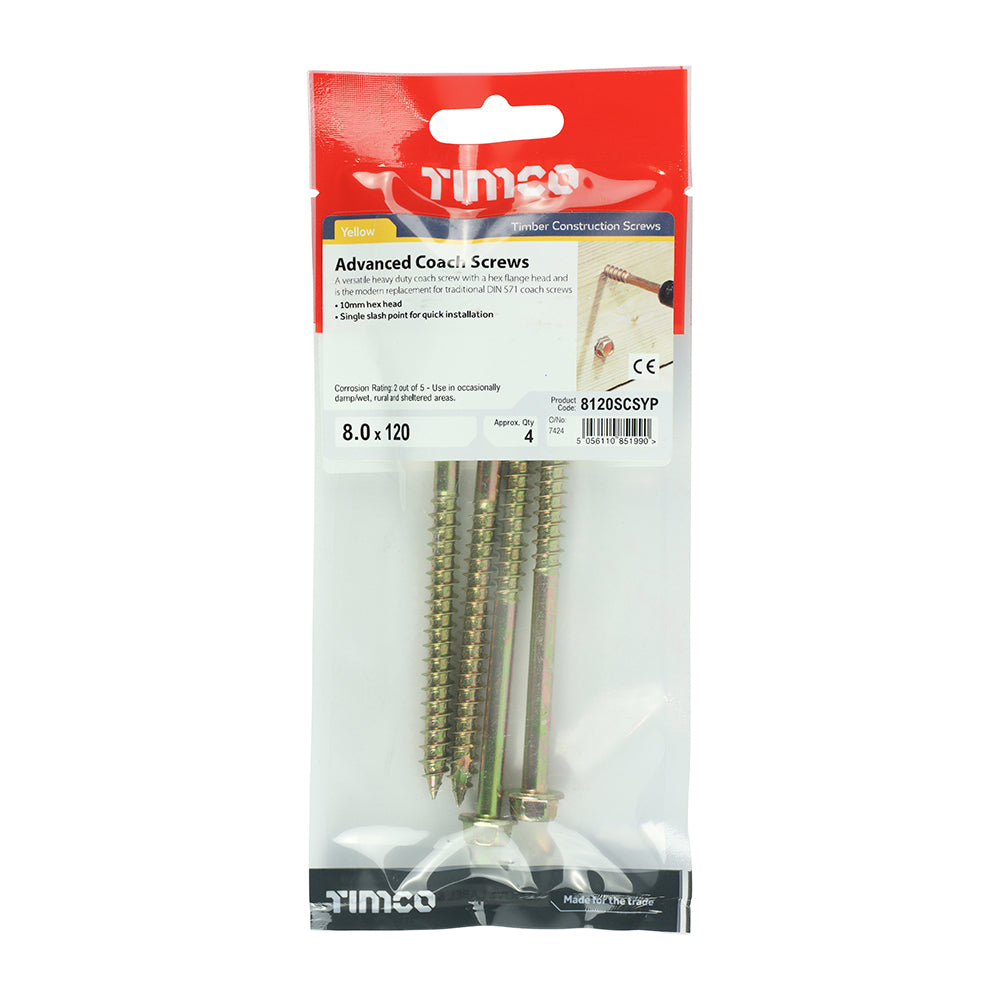 This is an image of Timco - Solo Coach Screws - Hex Flange - Yellow 8.0 x 120mm - (4 PCS TIMpac) 8120SCSYP