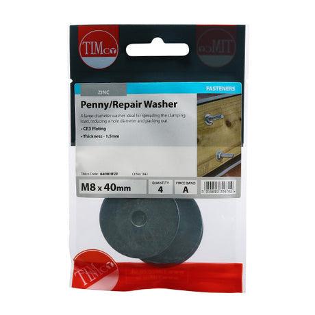This is an image of Timco - Penny / Repair Washers - Zinc M8 x 40mm - (4 PCS TIMpac) 840WHPZP