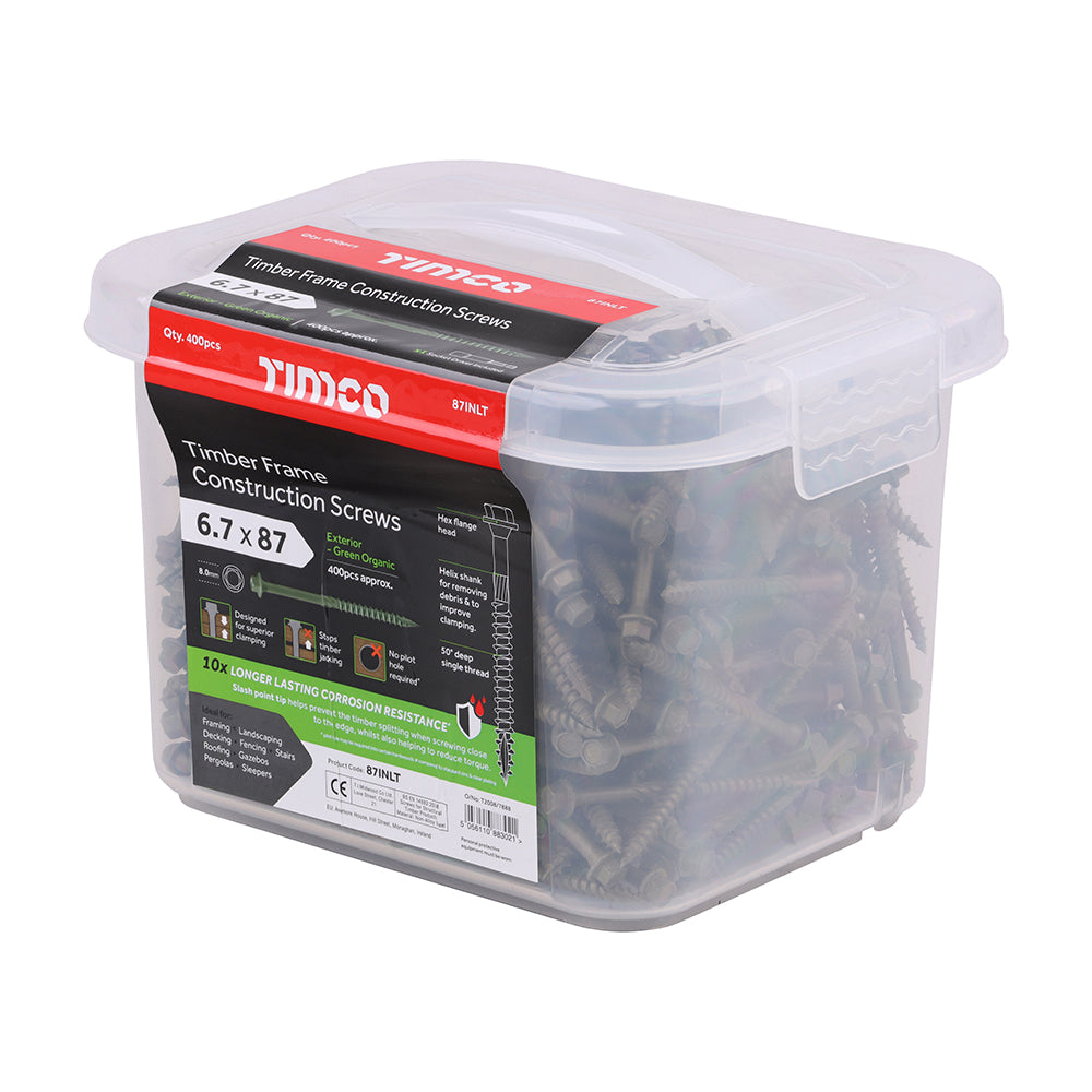 This is an image of Timco - Timber Frame Construction & Landscaping Screws - Hex - Exterior - Green Organic 6.7 x 87mm - (400 PCS Tub) 87INLT