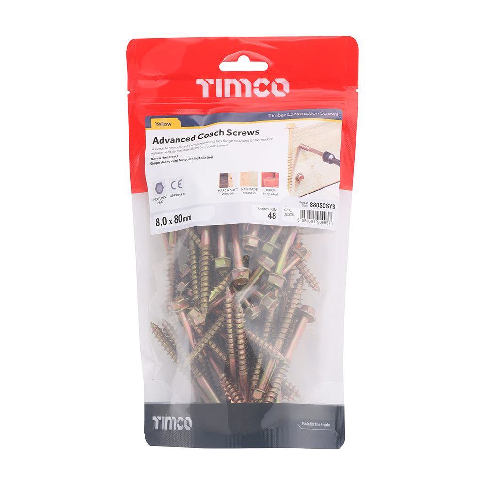 This is an image of Timco - Advanced Coach Screws - Hex Flange - Yellow 8.0 x 80mm - (48 PCS TIMbag) 880SCSYB