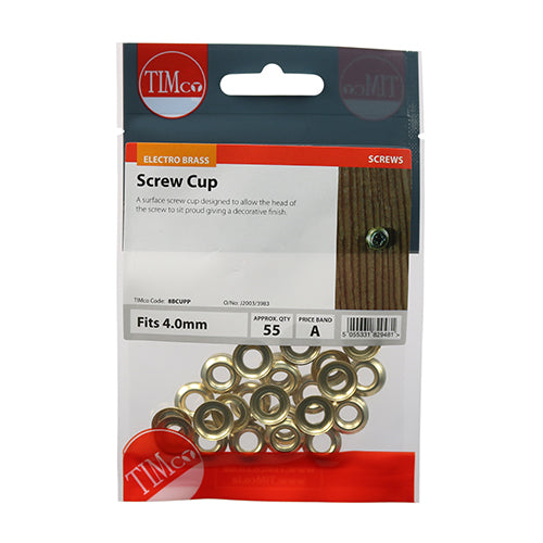 This is an image of Timco - Screw Cups - Electro Brass To fit 8 Gauge Screws - (55 PCS TIMpac) 8BCUPP