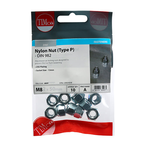 This is an image of Timco - Nylon Nuts - Type P - Zinc M8 - (10 PCS TIMpac) 8NPP