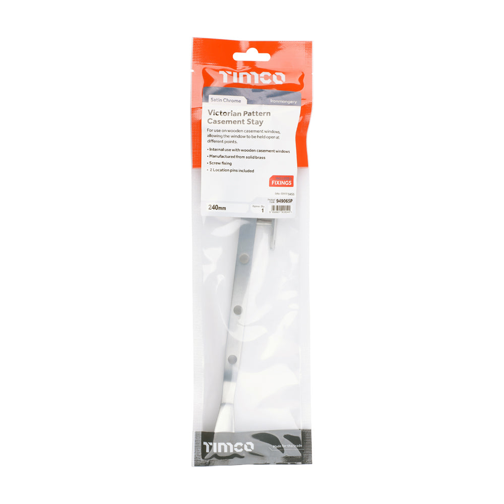 This is an image of Timco - Victorian Pattern Casement Stay - Satin Chrome 240mm (1 Each TIMpac) 949065P