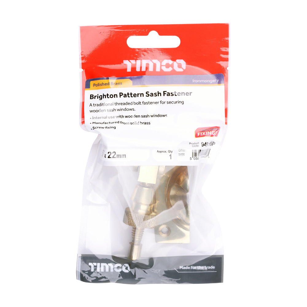 This is an image of Timco - Brighton Pattern Sash Fastener - Polished Brass 57 x 22 (1 Each TIMpac) 949155P