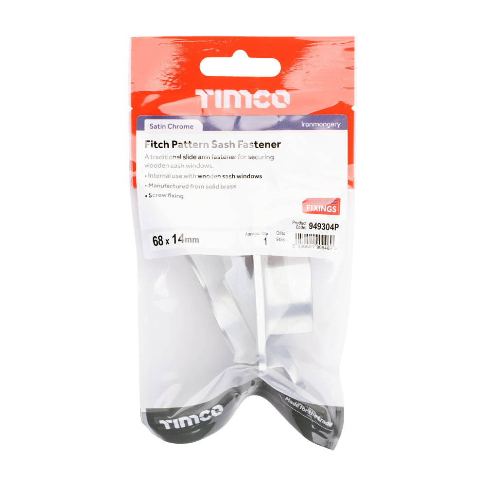 This is an image of Timco - Fitch Pattern Sash Fastener - Satin Chrome 68 x 14 (1 Each TIMpac) 949304P