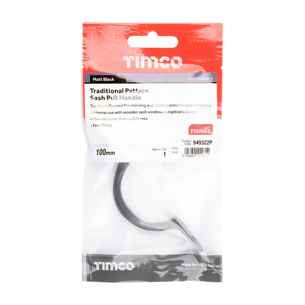 This is an image of Timco - Traditional Pattern Sash Pull Handle - Matt Black 100mm (1 Each TIMpac) 949322P
