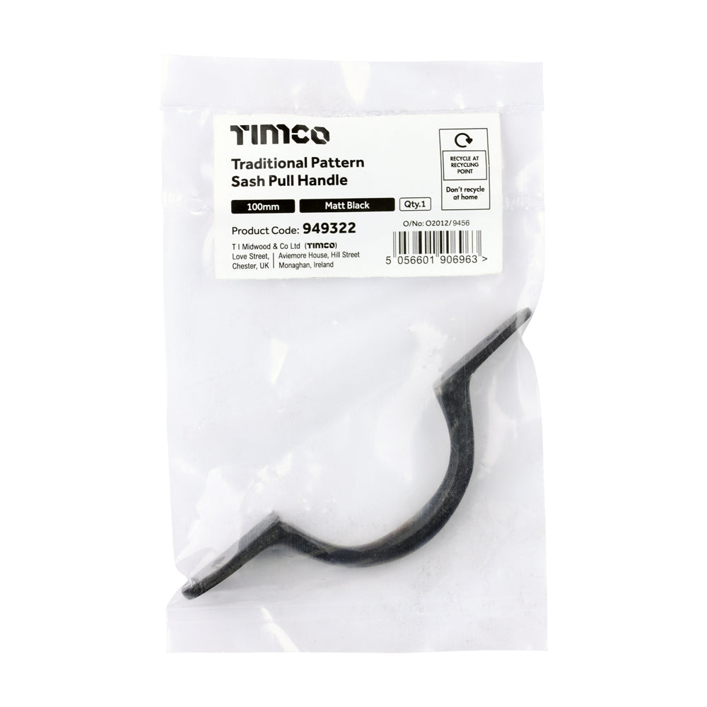 This is an image of Timco - Traditional Pattern Sash Pull Handle - Matt Black 100mm (1 Each Bag) 949322