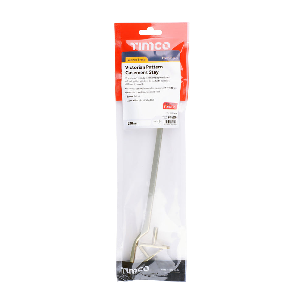 This is an image of Timco - Victorian Pattern Casement Stay - Polished Brass 240mm (1 Each TIMpac) 949355P