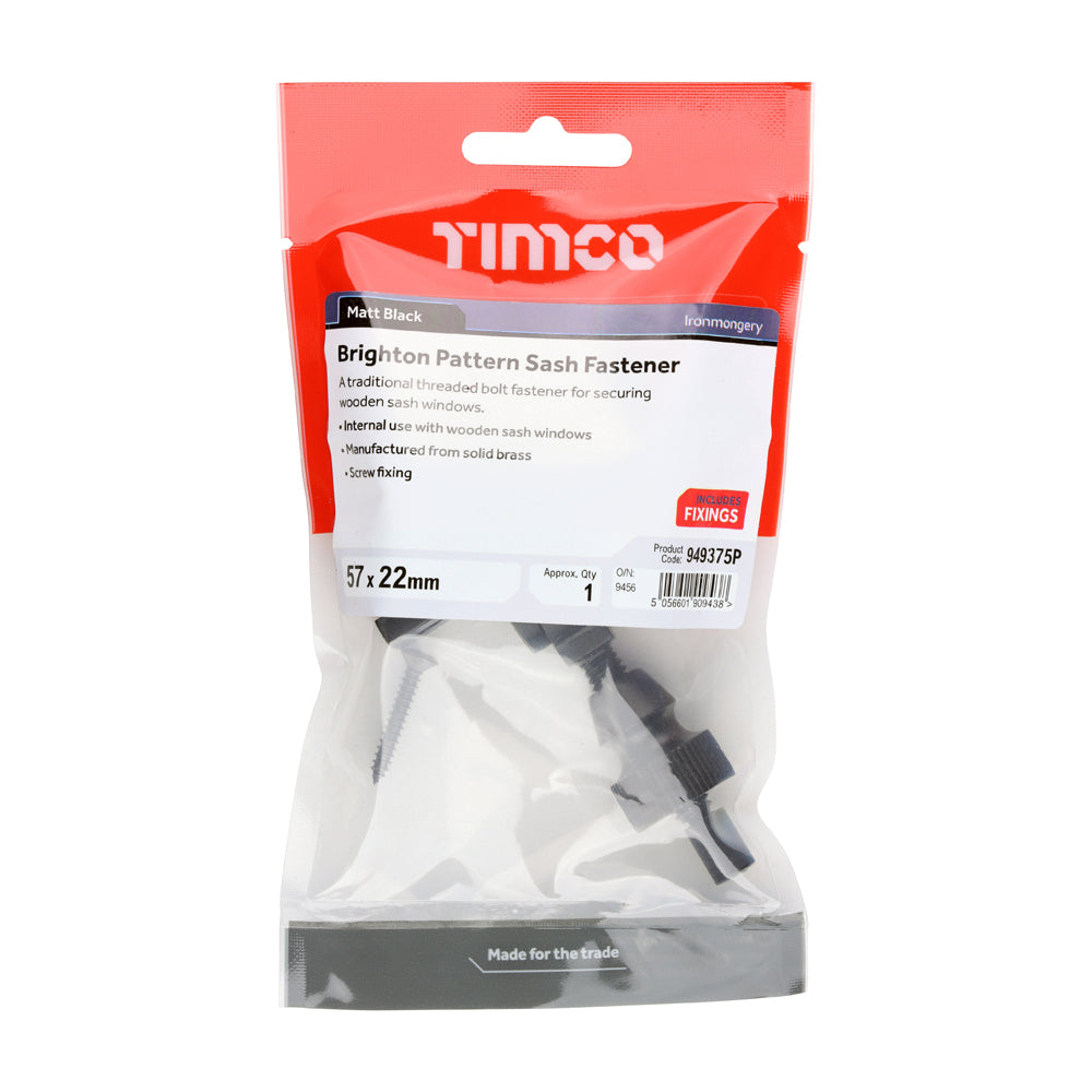 This is an image of Timco - Brighton Pattern Sash Fastener - Matt Black 57 x 22 (1 Each TIMpac) 949375P