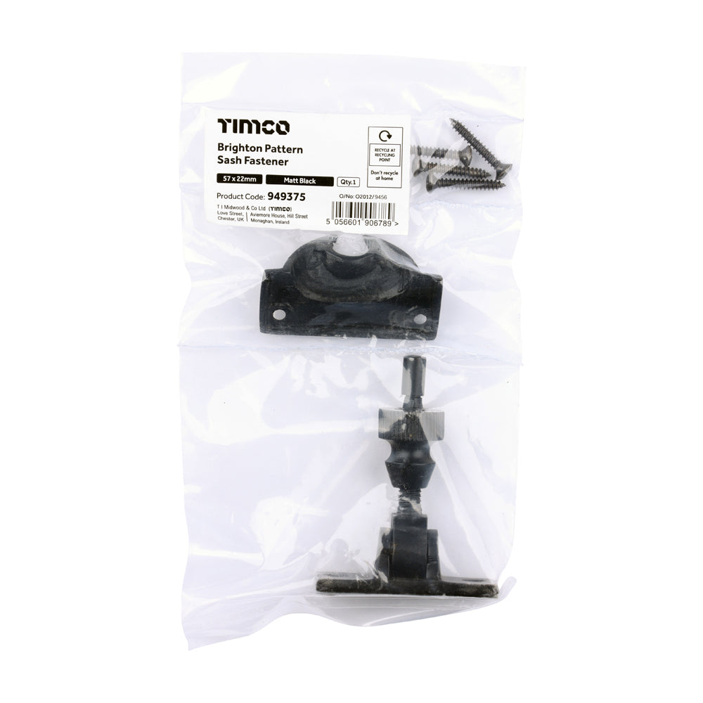 This is an image of Timco - Brighton Pattern Sash Fastener - Matt Black 57 x 22 (1 Each Bag) 949375