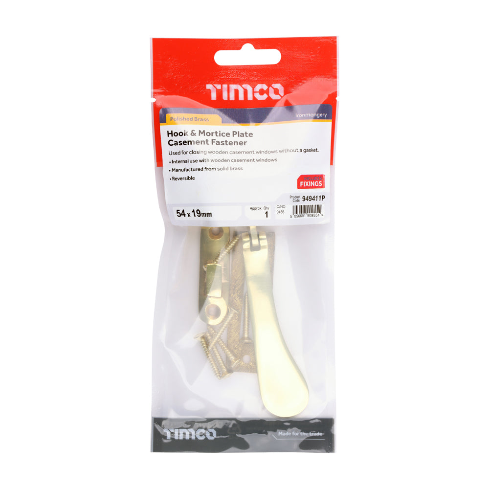 This is an image of Timco - Hook & Mortice Plate Casement Fastener - Polished Brass 54 x 19 (1 Each TIMpac) 949411P