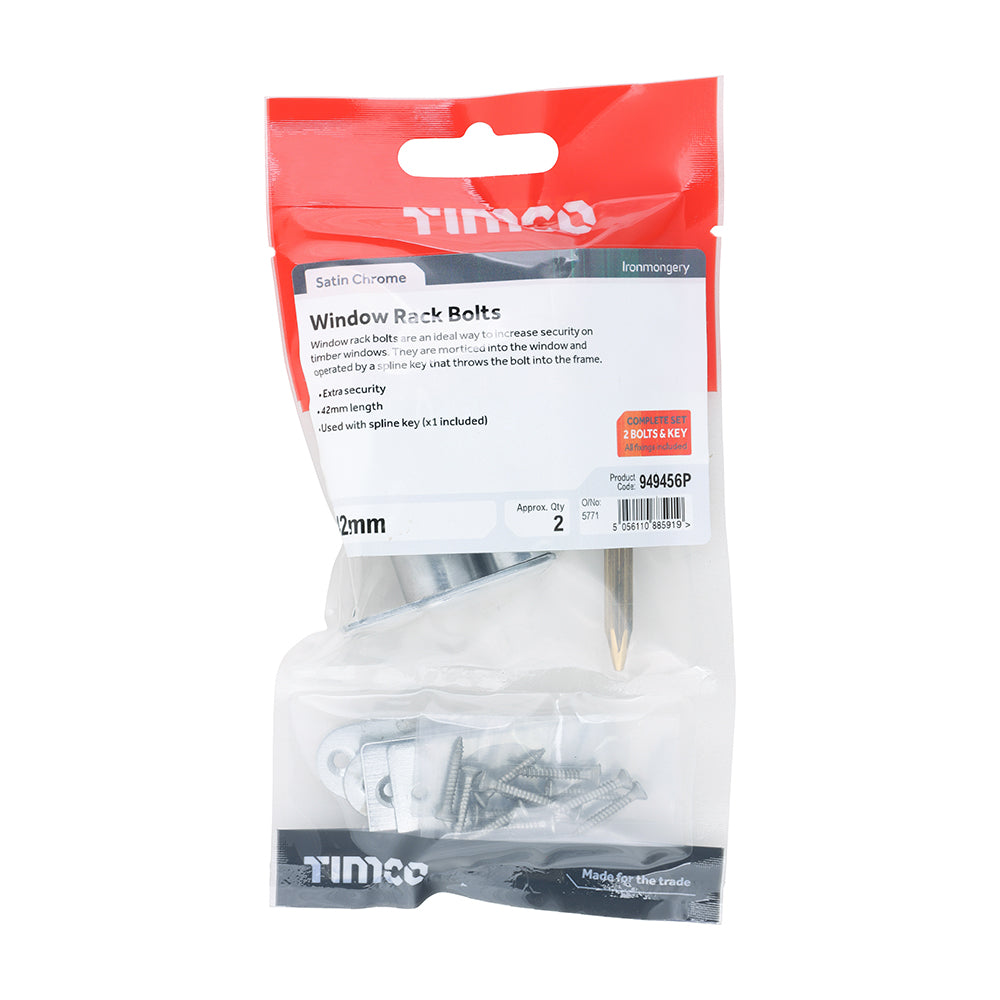 This is an image of Timco - Window Rack Bolts - Satin Chrome 42mm (2 Pieces TIMpac) 949456P