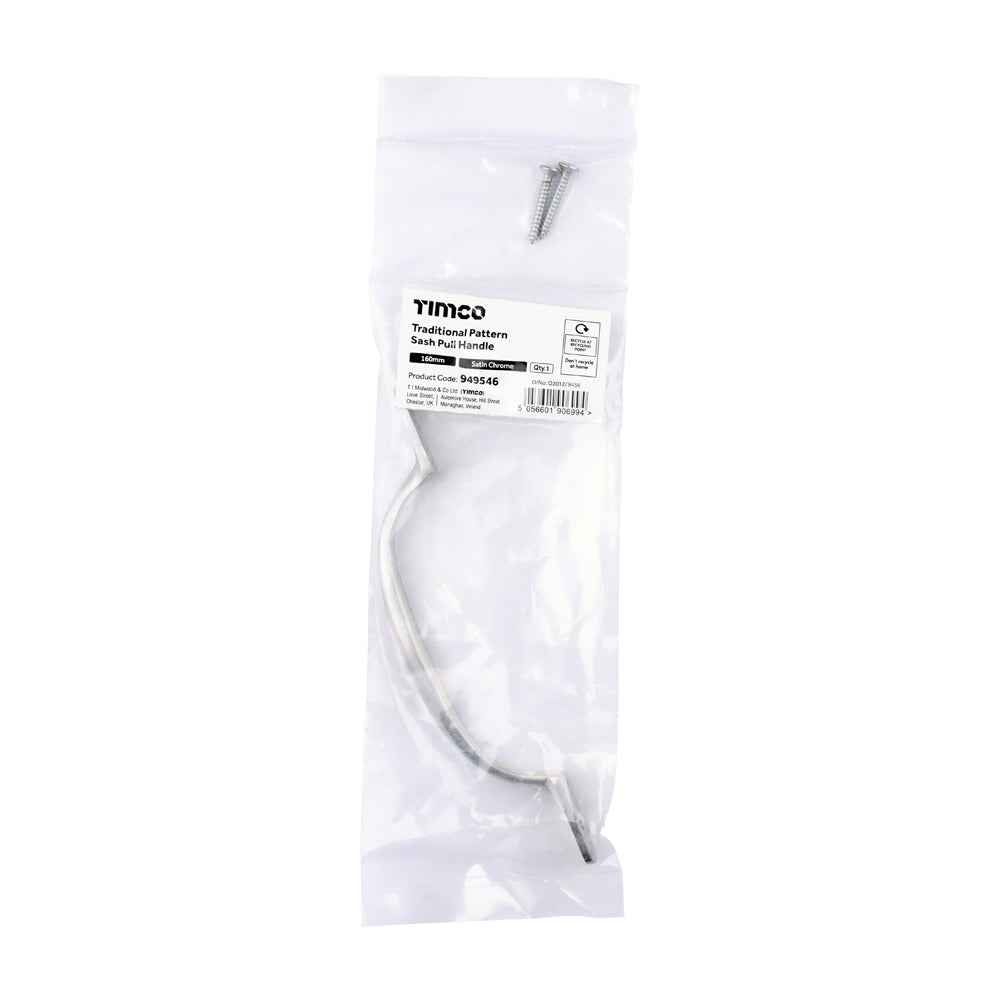 This is an image of Timco - Traditional Pattern Sash Pull Handle - Satin Chrome 160mm (1 Each Bag) 949546