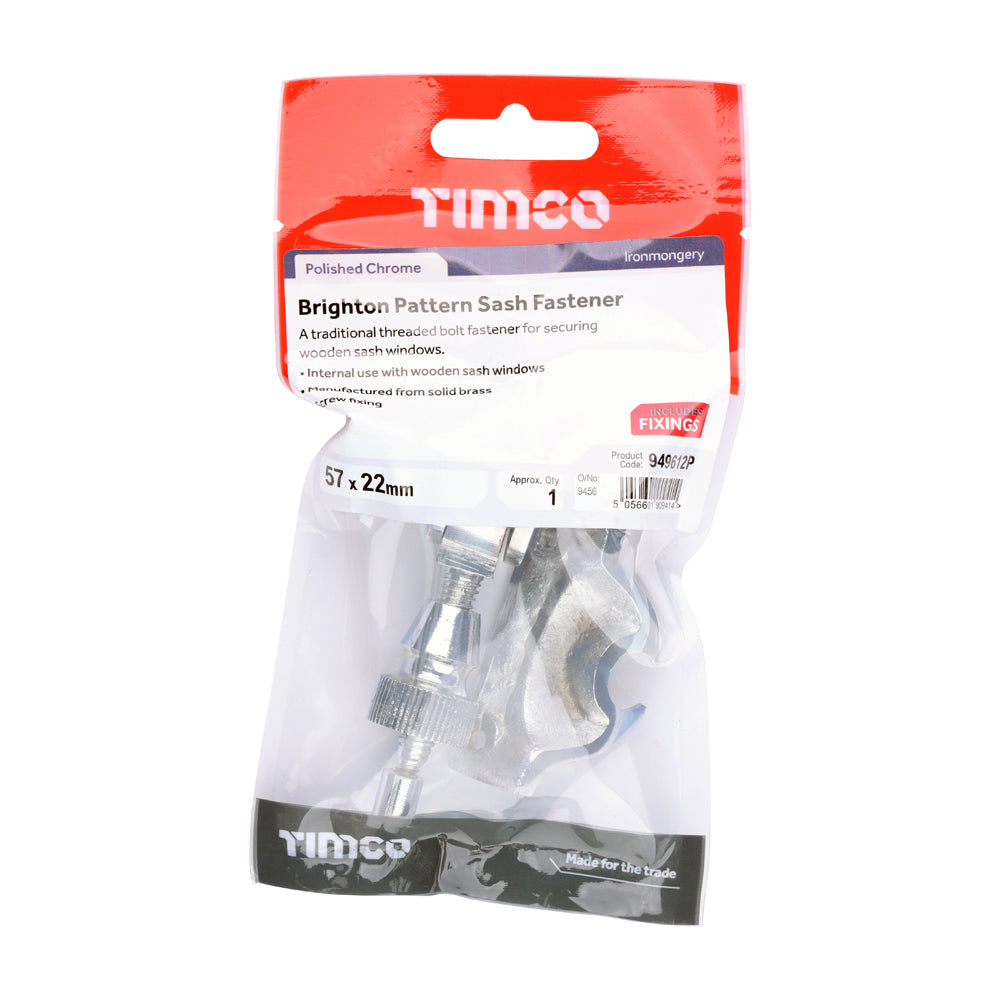 This is an image of Timco - Brighton Pattern Sash Fastener - Polished Chrome 57 x 22 (1 Each TIMpac) 949612P