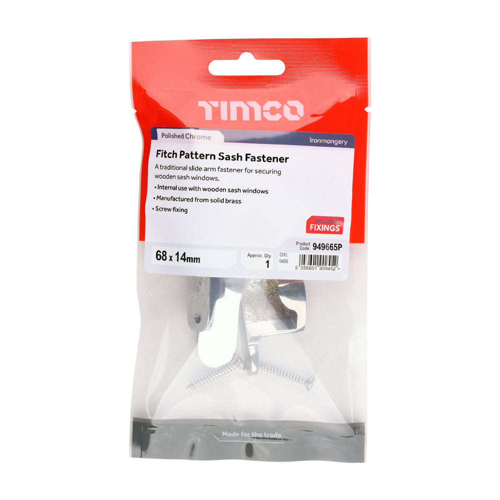 This is an image of Timco - Fitch Pattern Sash Fastener - Polished Chrome 68 x 14 (1 Each TIMpac) 949665P