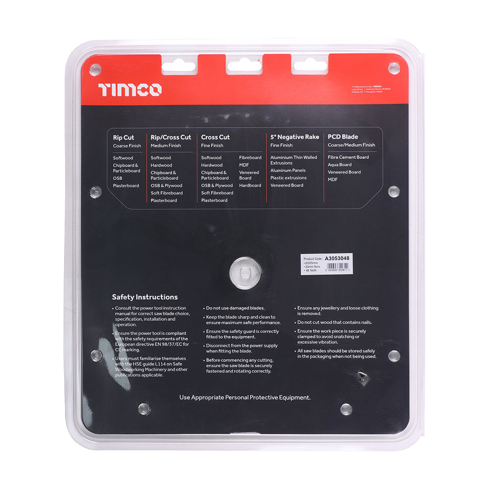 This is an image of Timco - -5° Circular Saw Blade 305 x 30 x 48T (1 Each Clamshell) A3053048
