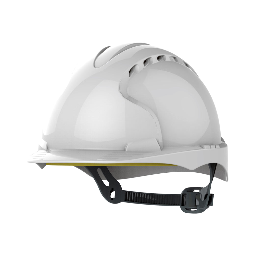 This is an image of Timco - EVOÀš®2 Industrial Safety Helmet - OneTouch€ž¢ Slip Ratchet - Mid Peak - Vented - White White (1 Each Unit) AJF030000100