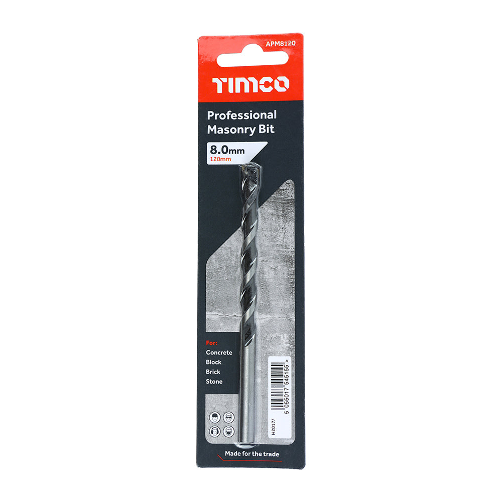 This is an image of Timco - Professional Masonry Bit 8.0 x 120 (1 Each Blister Pack) APM8120