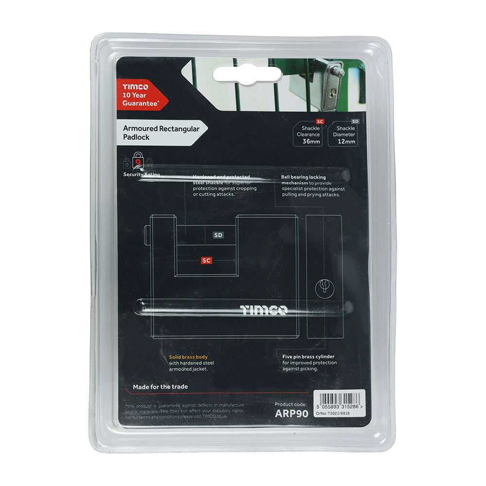 This is an image of Timco - Armoured Rectangular Padlock 90mm (1 Each Backing Card) ARP90