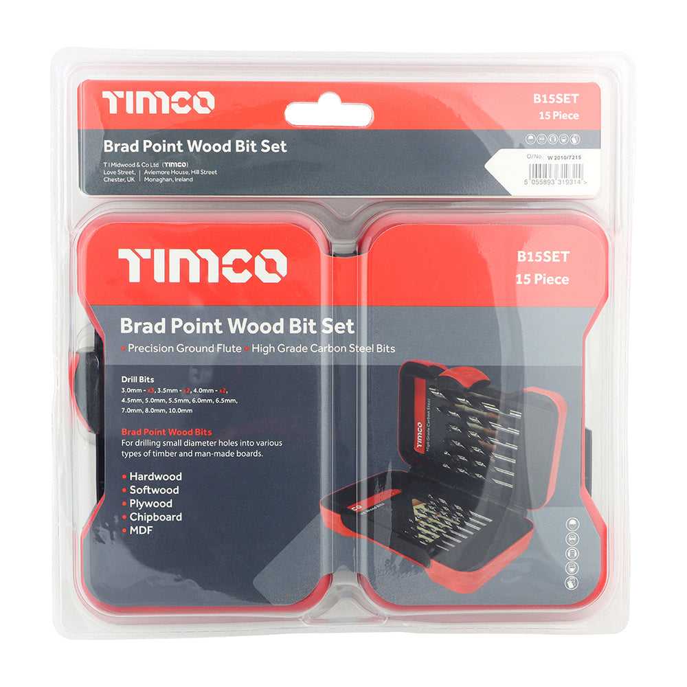 This is an image of Timco - Brad Point Wood Bit Set 15pcs (15 Pieces Case) B15SET