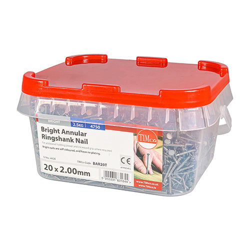 This is an image of Timco - Annular Ringshank Nails - Bright 20 x 2.00mm (2.5 Kg TIMtub) BAR20T