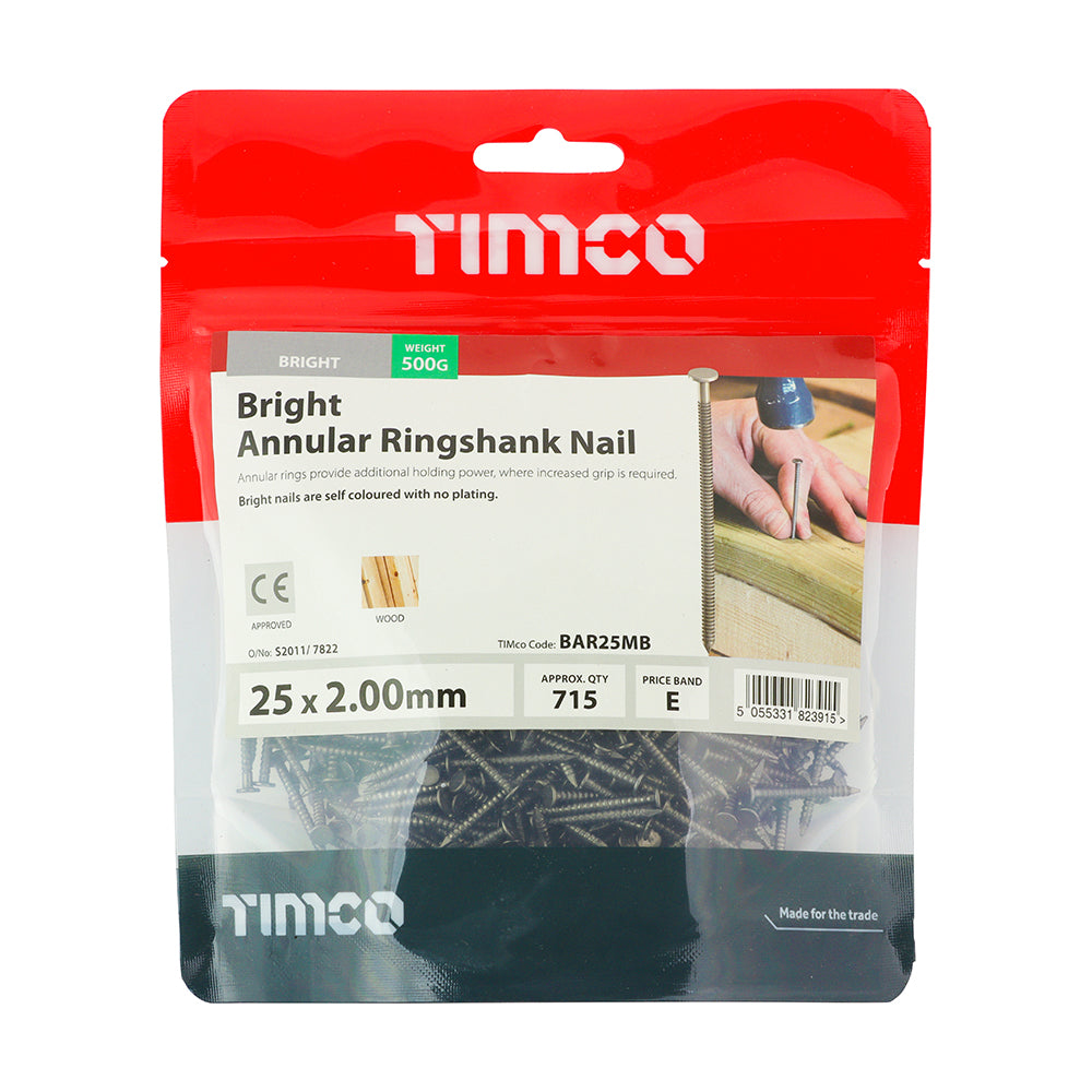 This is an image of Timco - Annular Ringshank Nails - Bright 25 x 2.00mm (0.5 Kg TIMbag) BAR25MB