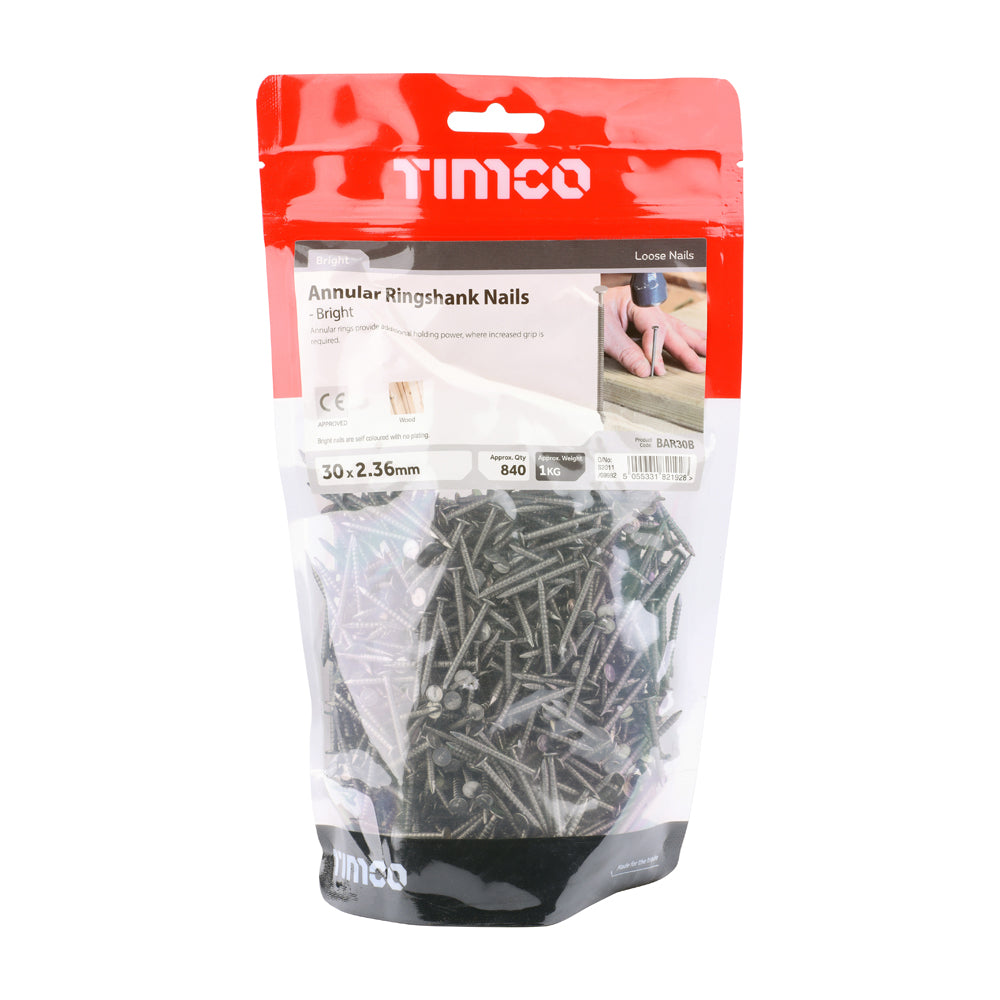 This is an image of Timco - Annular Ringshank Nails - Bright 30 x 2.36mm (1 Kg TIMbag) BAR30B