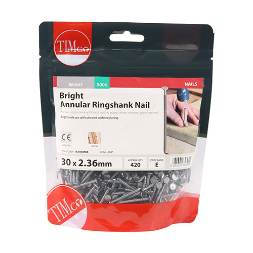 This is an image of Timco - Annular Ringshank Nails - Bright 30 x 2.36mm (0.5 Kg TIMbag) BAR30MB