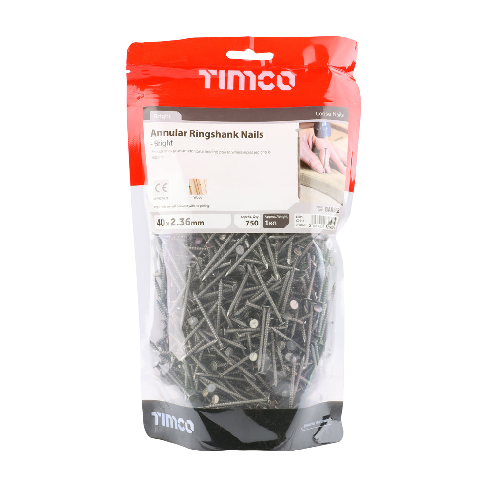 This is an image of Timco - Annular Ringshank Nails - Bright 40 x 2.36mm (1 Kg TIMbag) BAR40B
