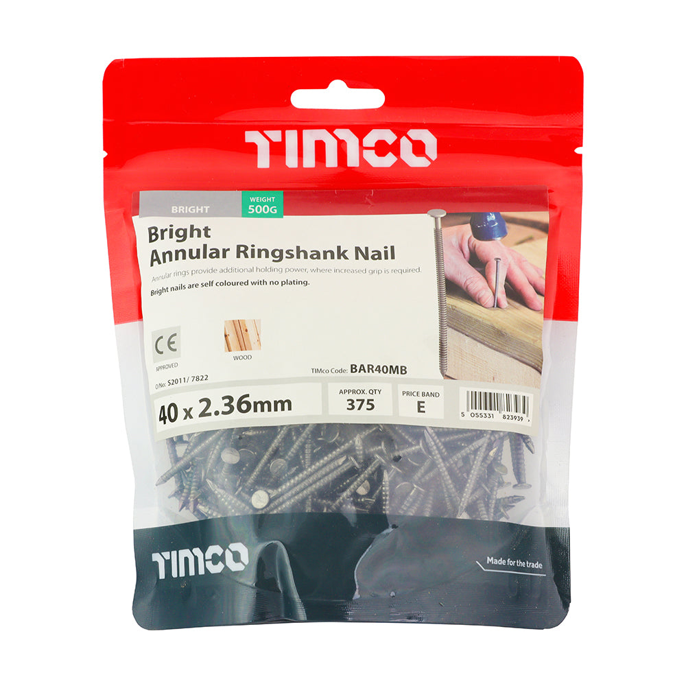 This is an image of Timco - Annular Ringshank Nails - Bright 40 x 2.36mm (0.5 Kg TIMbag) BAR40MB