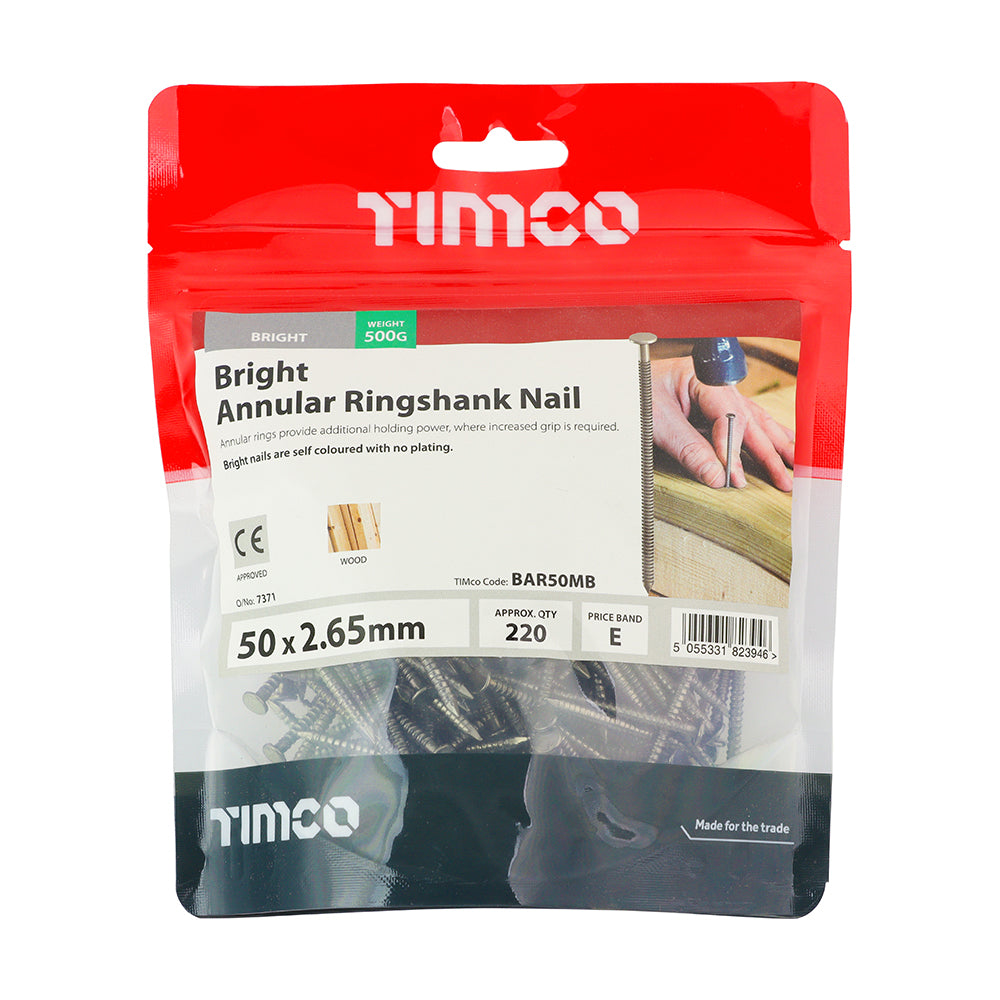 This is an image of Timco - Annular Ringshank Nails - Bright 50 x 2.65mm (0.5 Kg TIMbag) BAR50MB