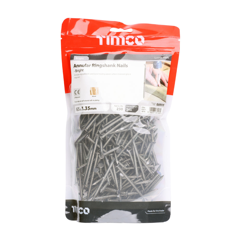 This is an image of Timco - Annular Ringshank Nails - Bright 65 x 3.35mm (1 Kg TIMbag) BAR65B