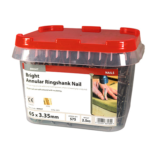 This is an image of Timco - Annular Ringshank Nails - Bright 65 x 3.35mm (2.5 Kg TIMtub) BAR65T