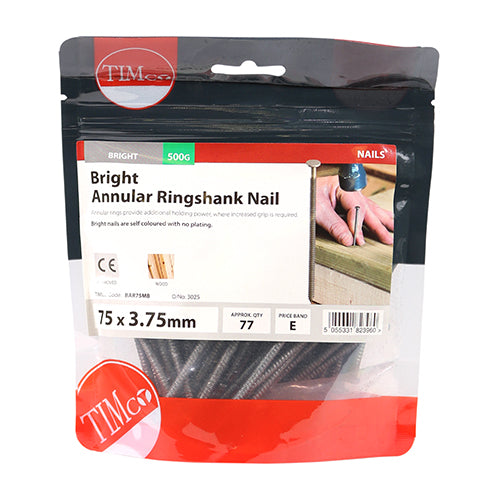 This is an image of Timco - Annular Ringshank Nails - Bright 75 x 3.75mm (0.5 Kg TIMbag) BAR75MB