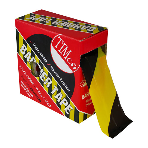 This is an image of Timco - Barrier Tape - Yellow & Black 500m x 70mm (1 Each Box) PCSBARTYB500