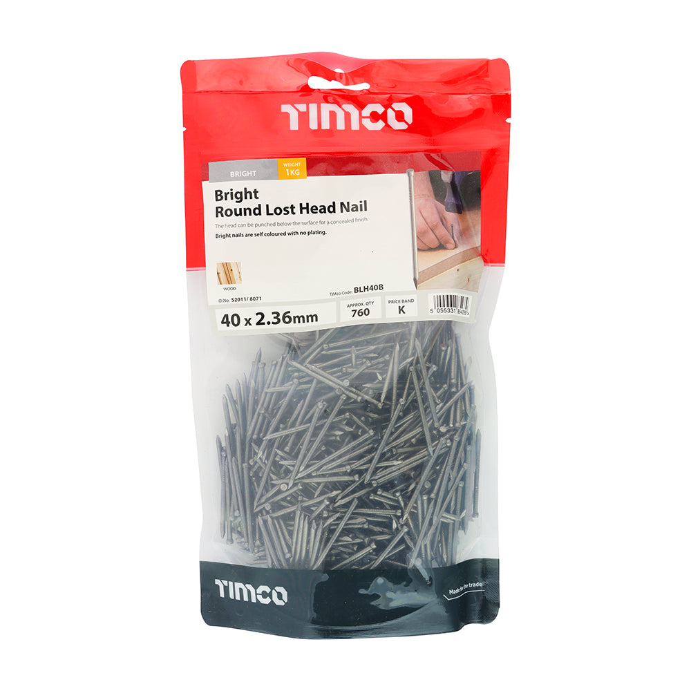 This is an image of Timco - Round Lost Head Nails - Bright 40 x 2.36mm (1 Kg TIMbag) BLH40B