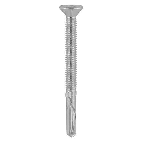This is an image of Timco - Metal Construction Timber to Heavy Section Screws - Countersunk - Wing-Tip - Self-Drilling - Exterior - Silver Organic 5.5 x 65mm - (200 PCS Box) BMHW65