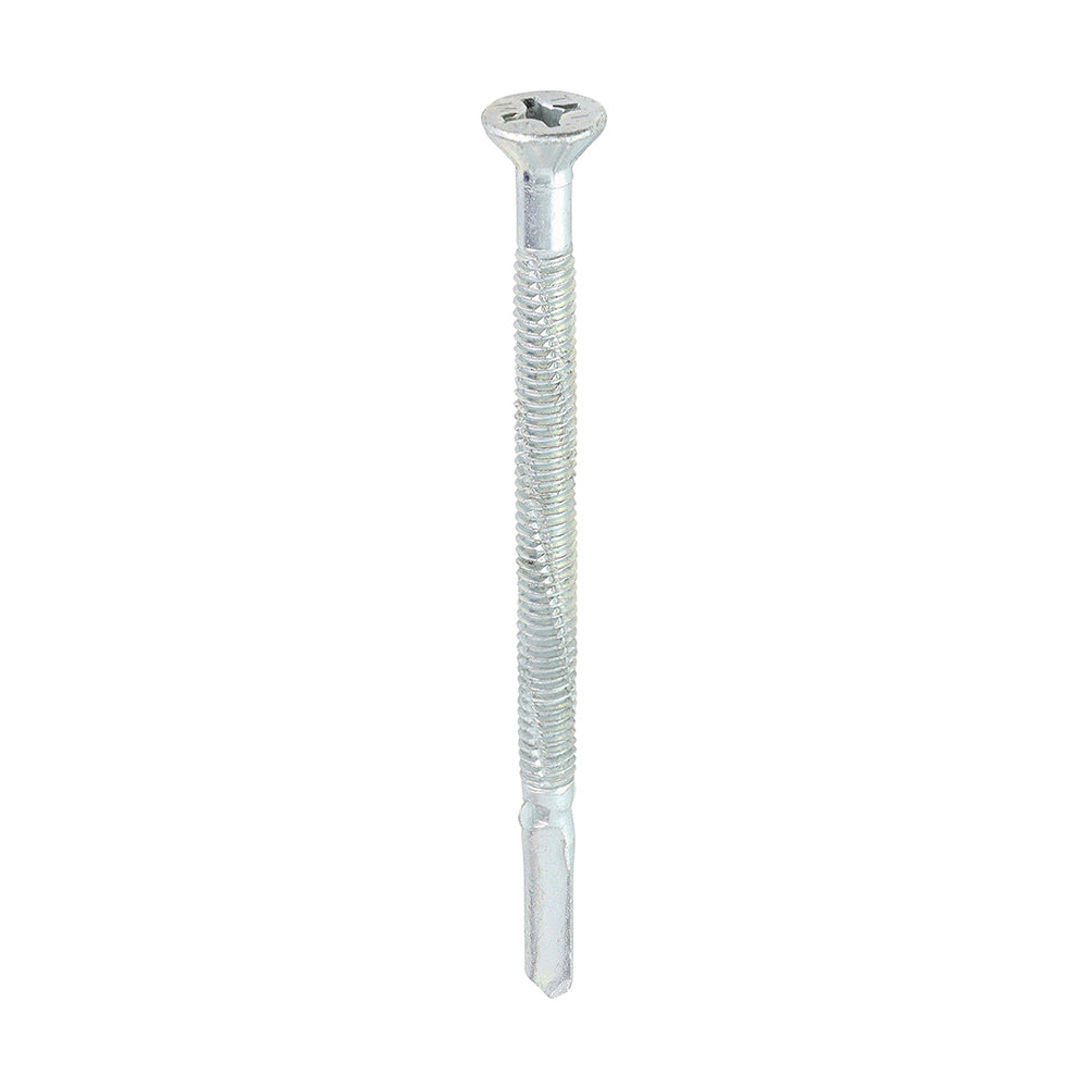 This is an image of Timco - Metal Construction Timber to Heavy Section Screws - Countersunk - Wing-Tip - Self-Drilling - Exterior - Silver Organic 5.5 x 85mm - (100 PCS Box) BMHW85