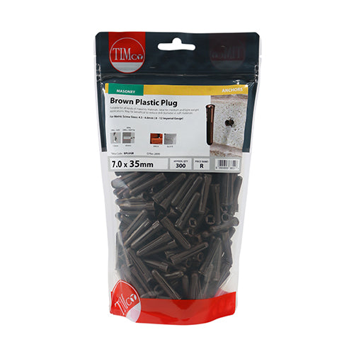 This is an image of Timco - Plastic Plugs - Brown 36mm - (300 PCS TIMbag) BPLUGB