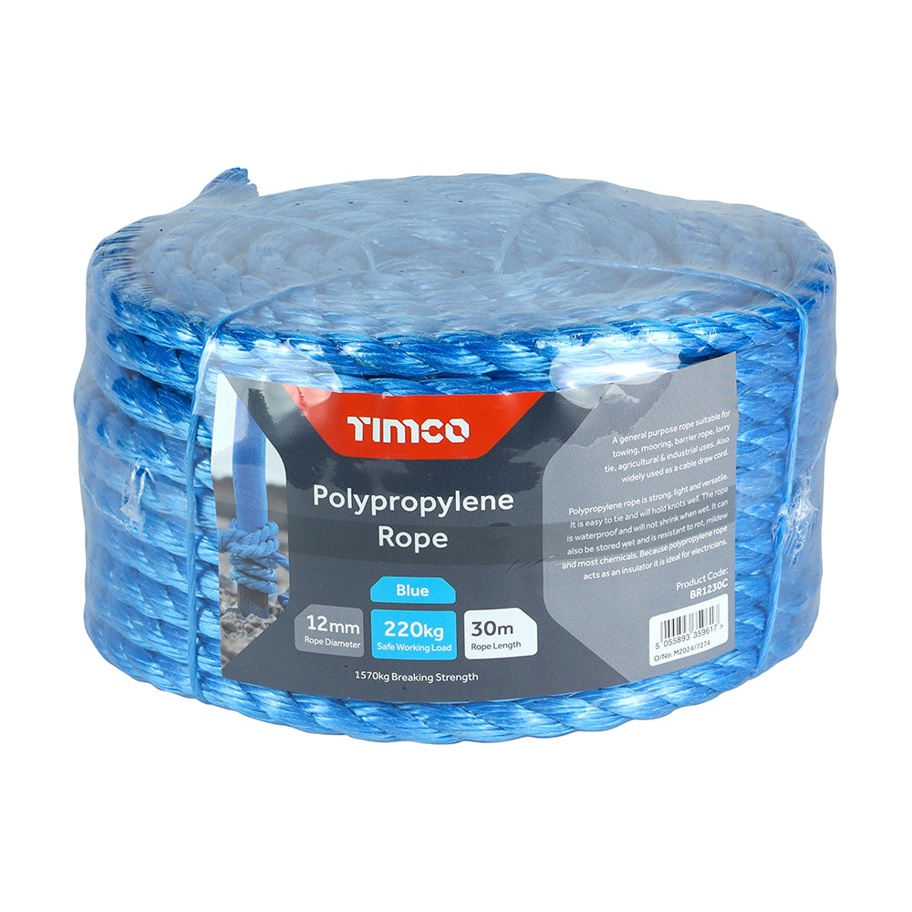 This is an image of Timco - Polypropylene Rope - Blue - Coil 12mm x 30m (1 Each Unit) BR1230C